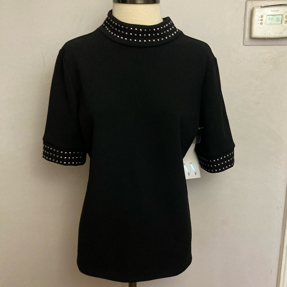 8-2 Worthington Black Top Blouse Studded Medium Mock neck NWT
